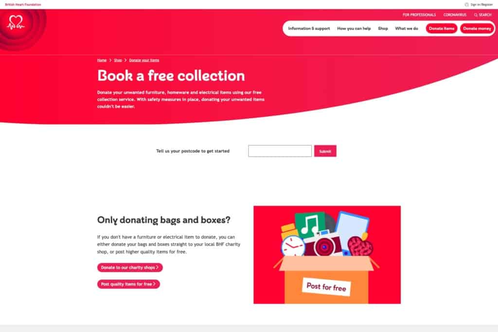 Options for donations include item donation with free collection booked online - British Heart Foundation
