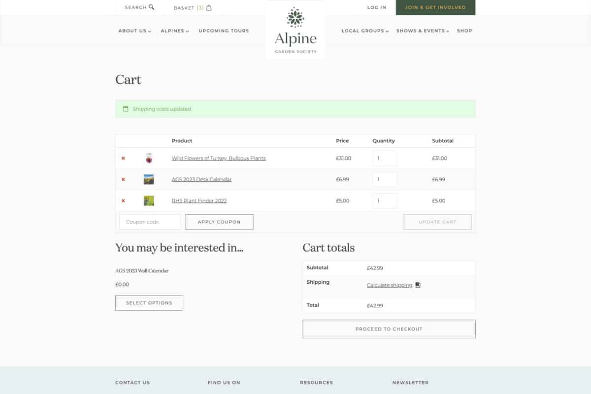 Screenshot of the Alpine Garden Society WordPress site showing checkout with updated shipping costs