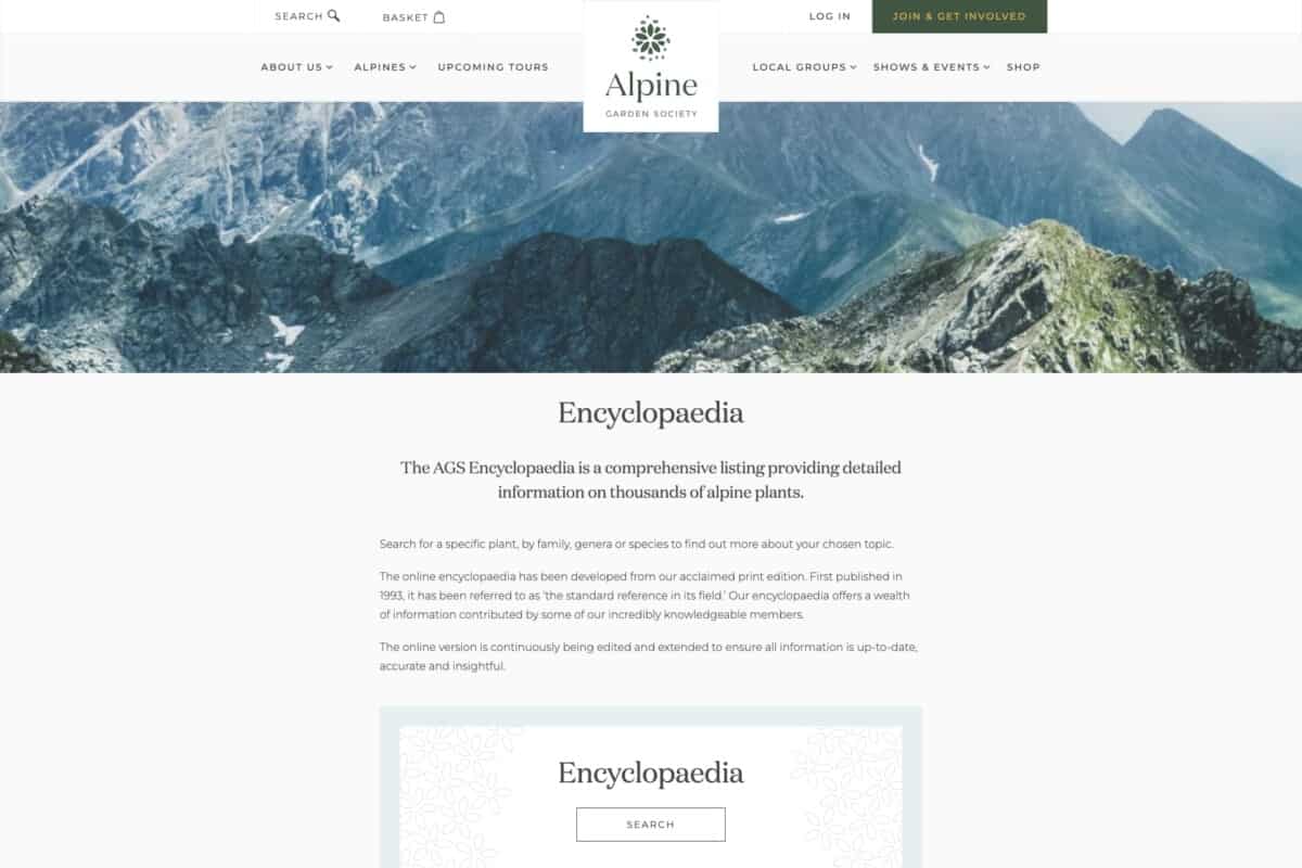 Screenshot of the Alpine Garden Society WordPress site showing the encyclopaedia