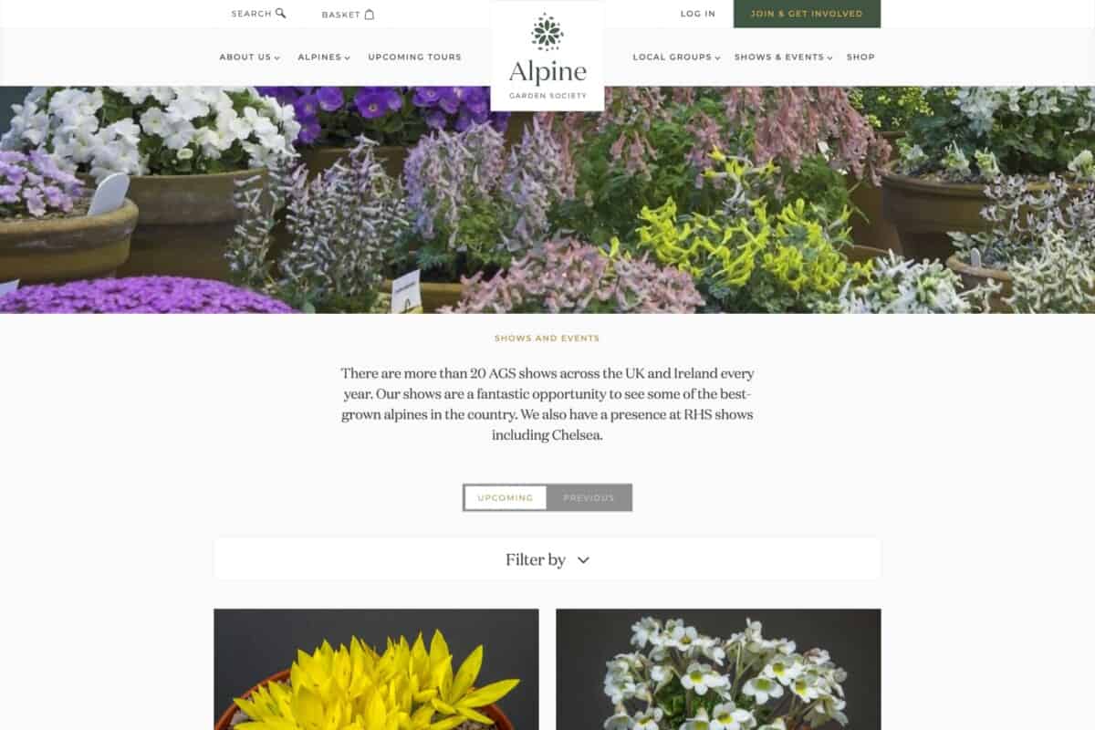 Screenshot of the Alpine Garden Society WordPress site showing upcoming or past events