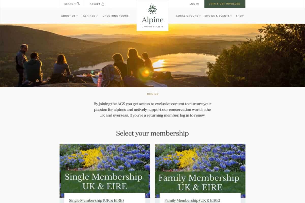 Screenshot of the Alpine Garden Society WordPress site showing member sign up options