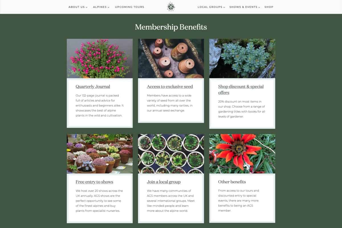 Screenshot of the Alpine Garden Society WordPress site showing membership benefits