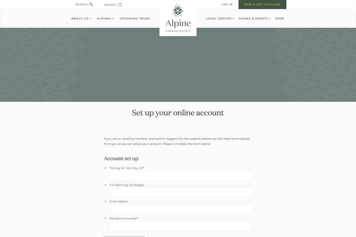 Screenshot of the Alpine Garden Society WordPress site showing online account setup for members