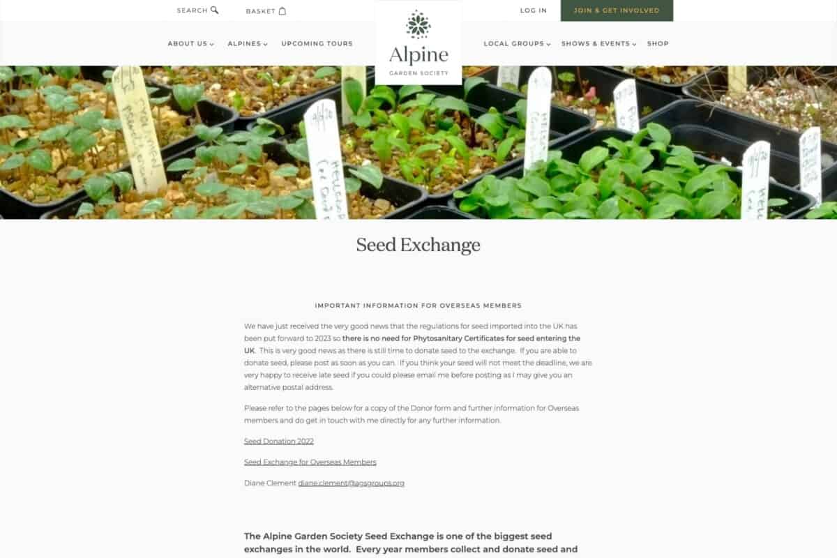 Screenshot of the Alpine Garden Society WordPress site showing seed exchange information