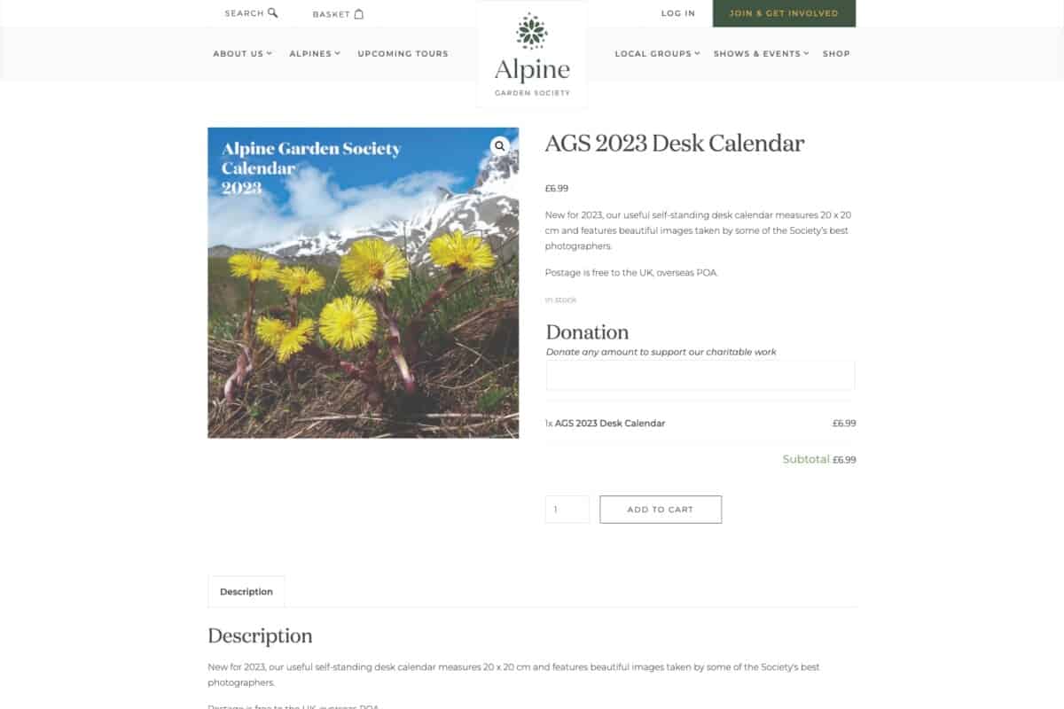 Screenshot of the Alpine Garden Society WordPress site showing a calendar in the online shop