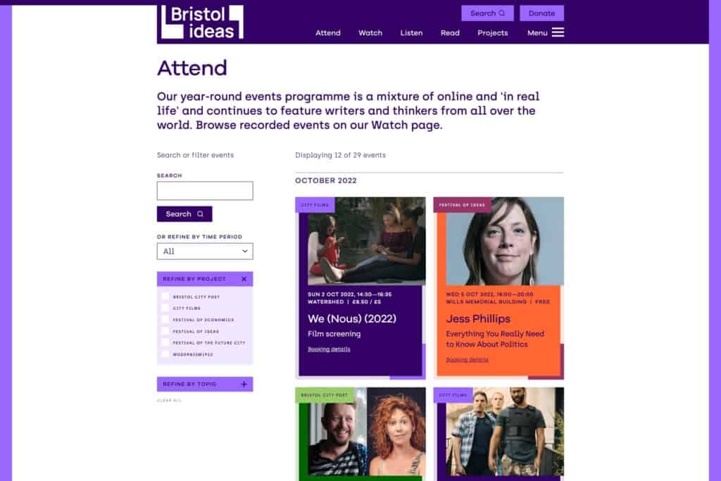 Screenshot of Bristol Ideas WordPress website showing events page