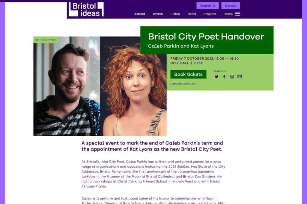 Screenshot of Bristol Ideas WordPress website showing event