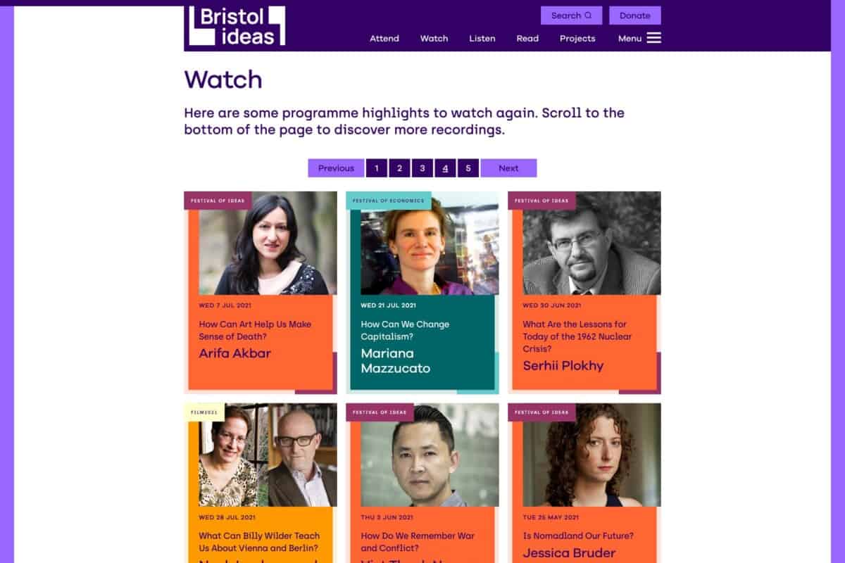Screenshot of Bristol Ideas WordPress website showing talk snippets to watch