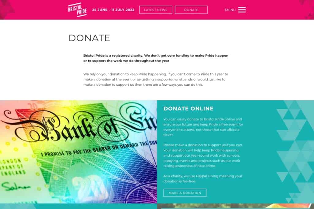 Screenshot of Bristol Pride WordPress site showing donations page