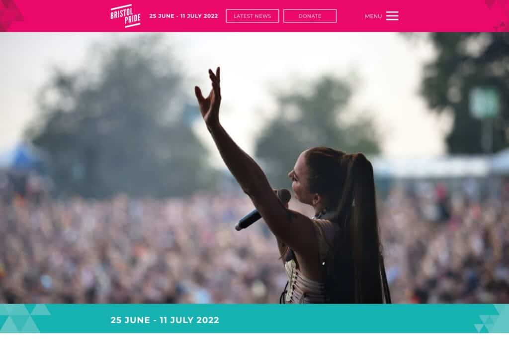 Screenshot of Bristol Pride WordPress site showing homepage