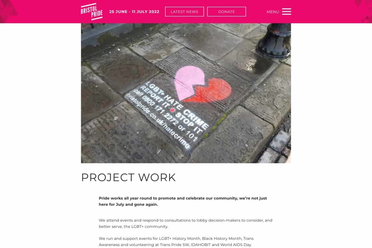 Screenshot of Bristol Pride WordPress site showing project work