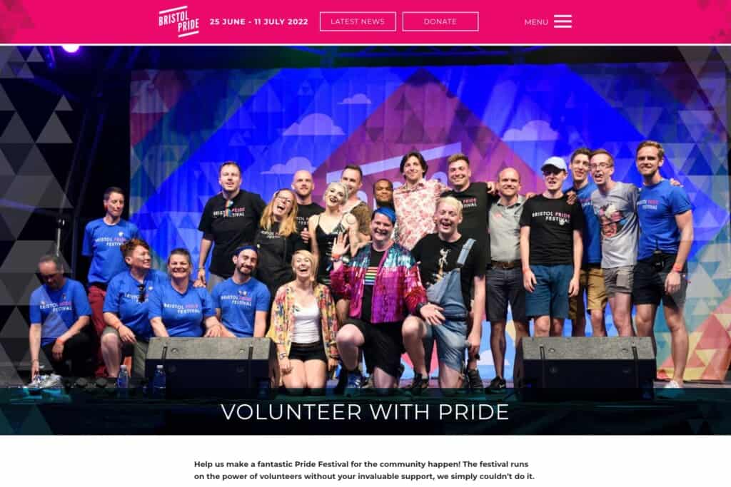 Screenshot of Bristol Pride WordPress site showing volunteer page