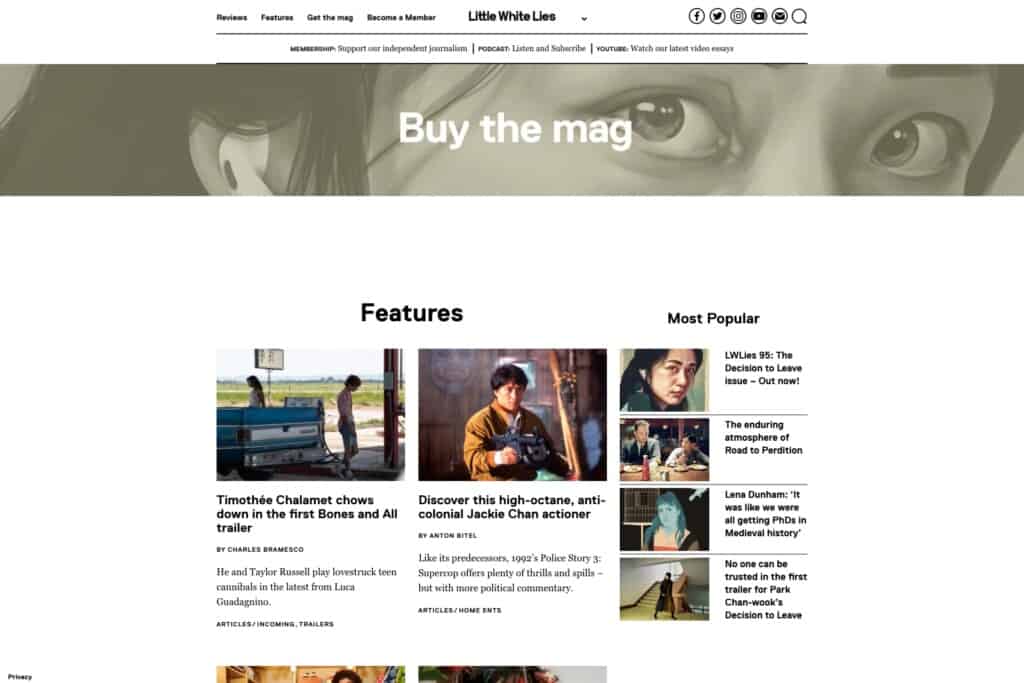 Screenshot of the Little White Lies WordPress website, showing homepage below the fold with call-to-action to get the magazine