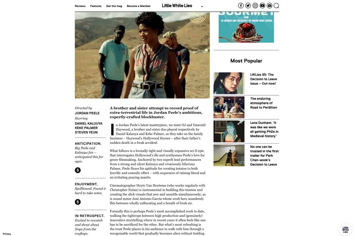 Screenshot of the Little White Lies WordPress website, showing film reviews