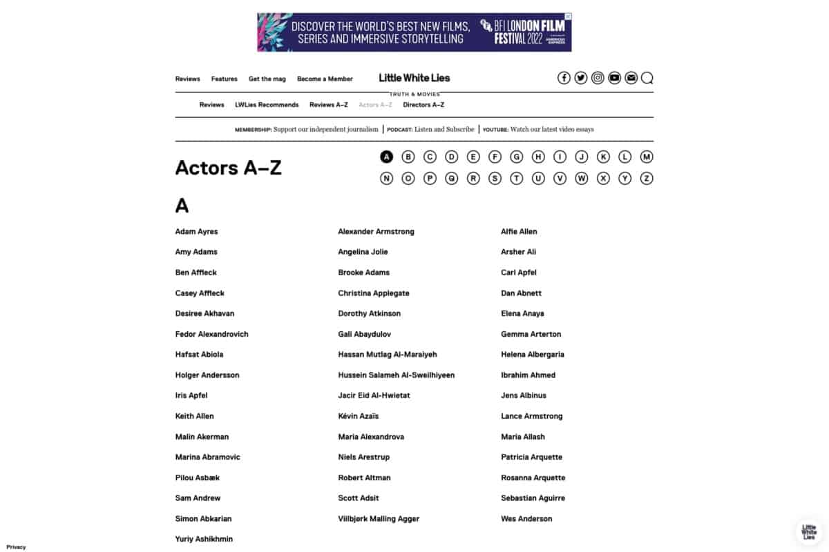 Screenshot of the Little White Lies WordPress site showing A-Z actors