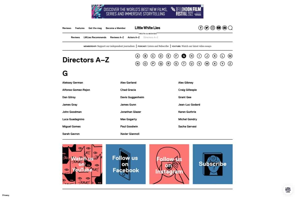 Screenshot of the Little White Lies WordPress site showing A-Z directors