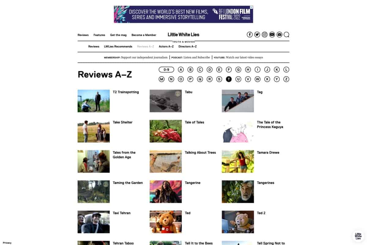 Screenshot of the Little White Lies WordPress site showing A-Z reviews