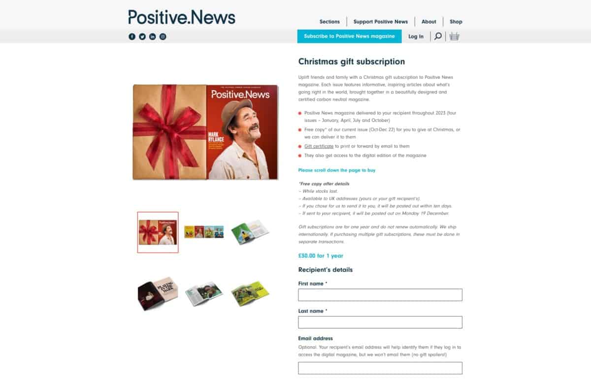 Screenshot of the Positive News WordPress and WooCommerce site showing gift subscriptions within the online shop