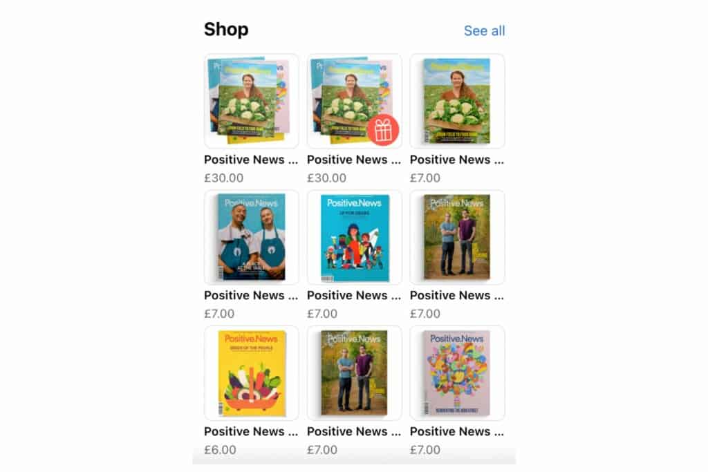 Screenshot of Positive News shop on Facebook