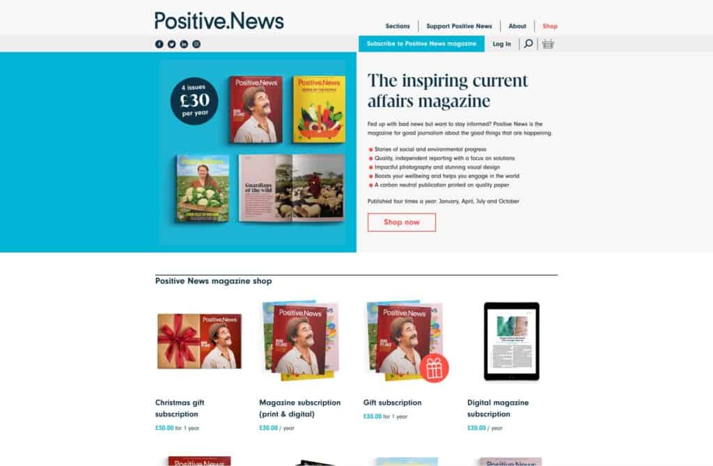 Screenshot of the Positive News WordPress and WooCommerce site showing the online shop