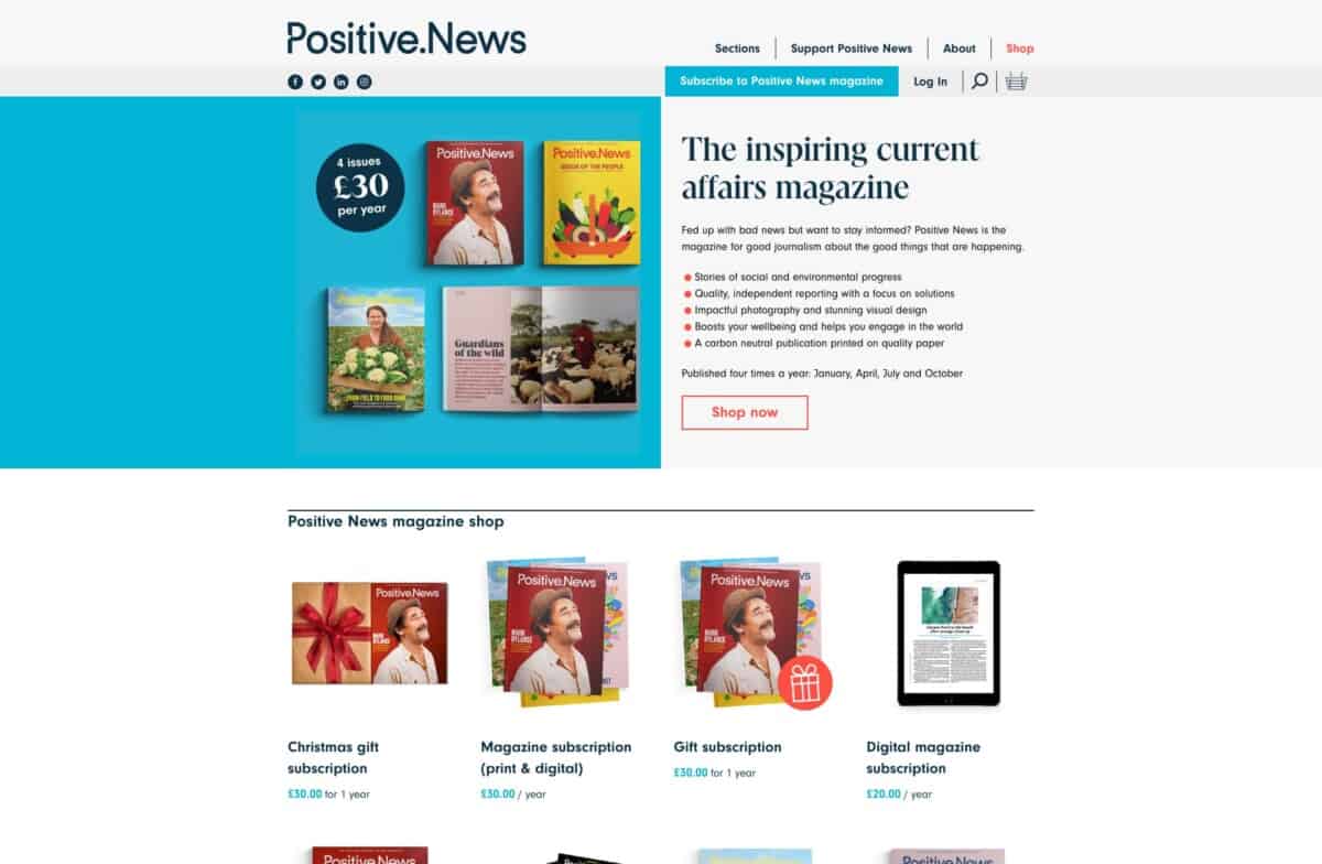 Screenshot of the Positive News WordPress and WooCommerce site showing the online shop