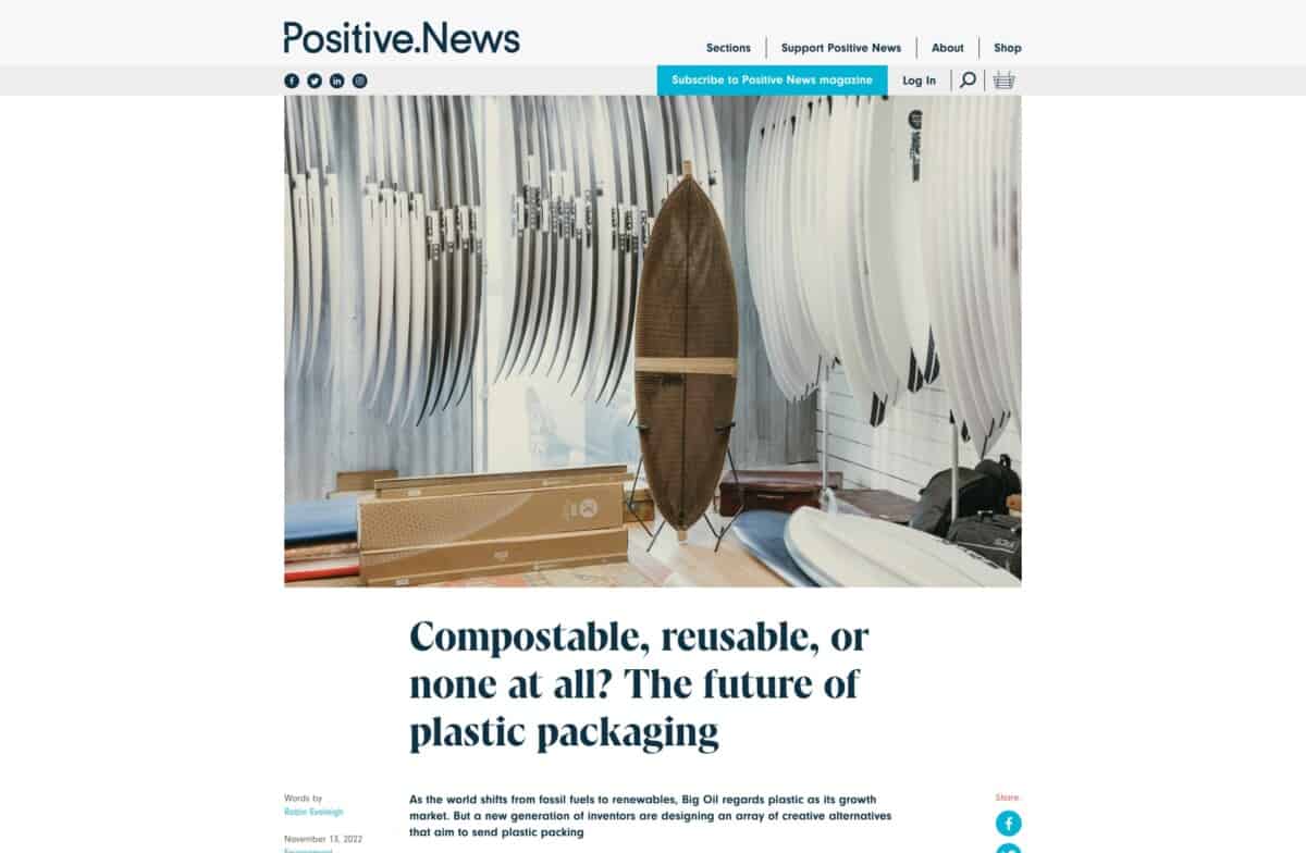 Screenshot of the Positive News WordPress and WooCommerce site showing an article about the future of sustainable packaging