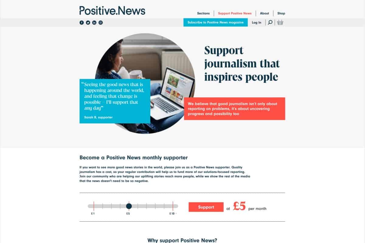 Screenshot of the Positive News WordPress and WooCommerce site showing the supporters page