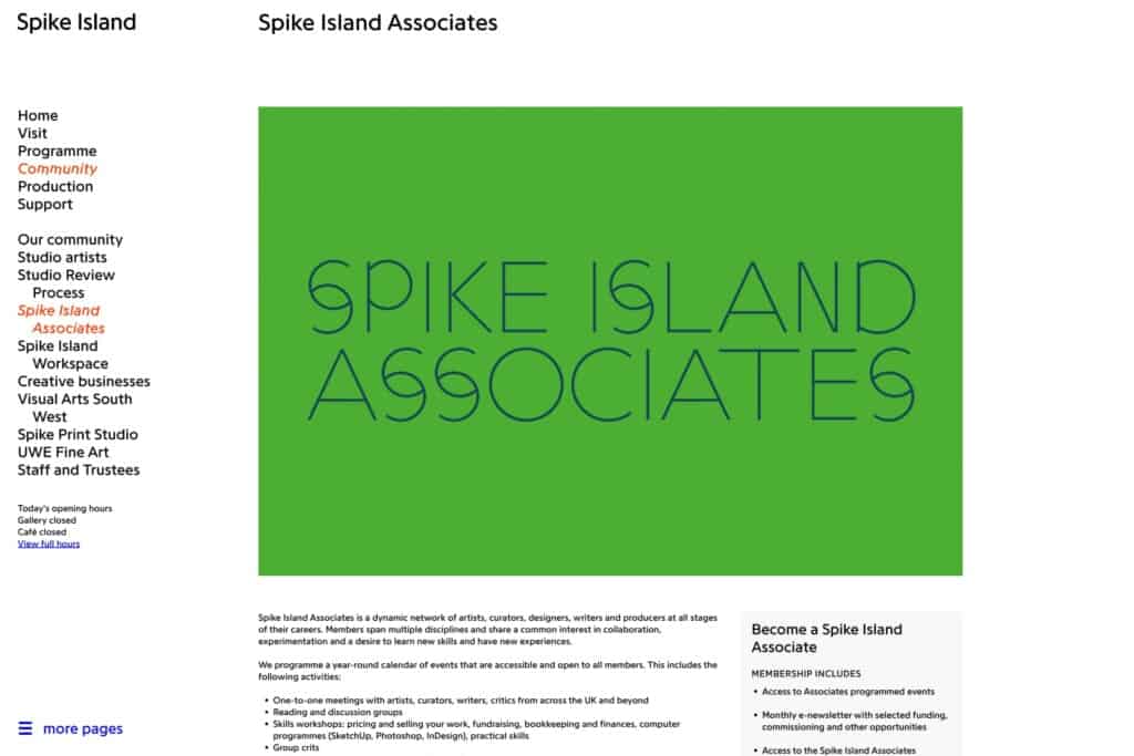 Screenshot of Spike Island WordPress site showing Spike Island Associates membership page