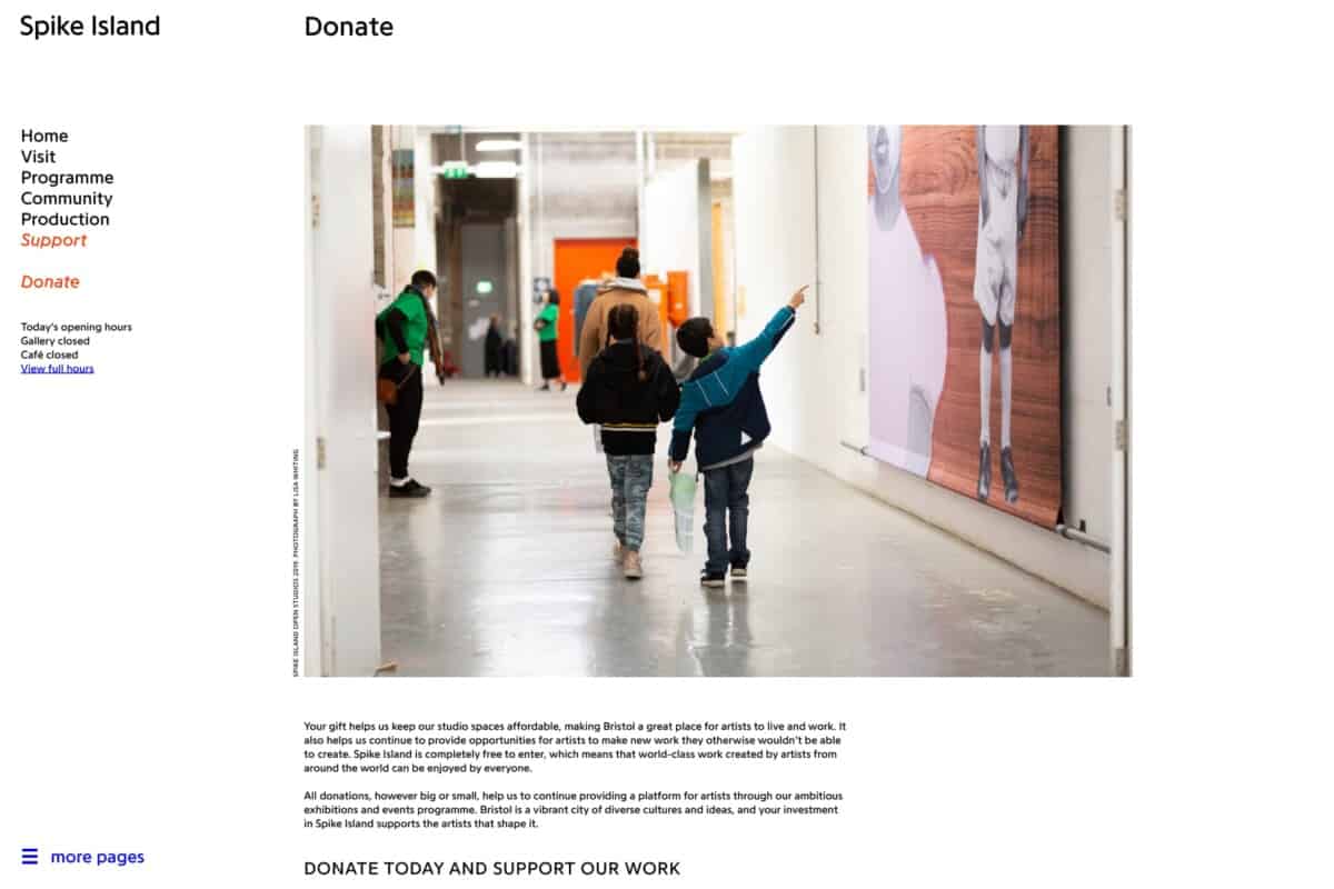 Screenshot of Spike Island WordPress site showing