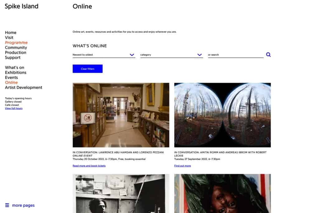 Screenshot of the Spike Island WordPress website showing online programme