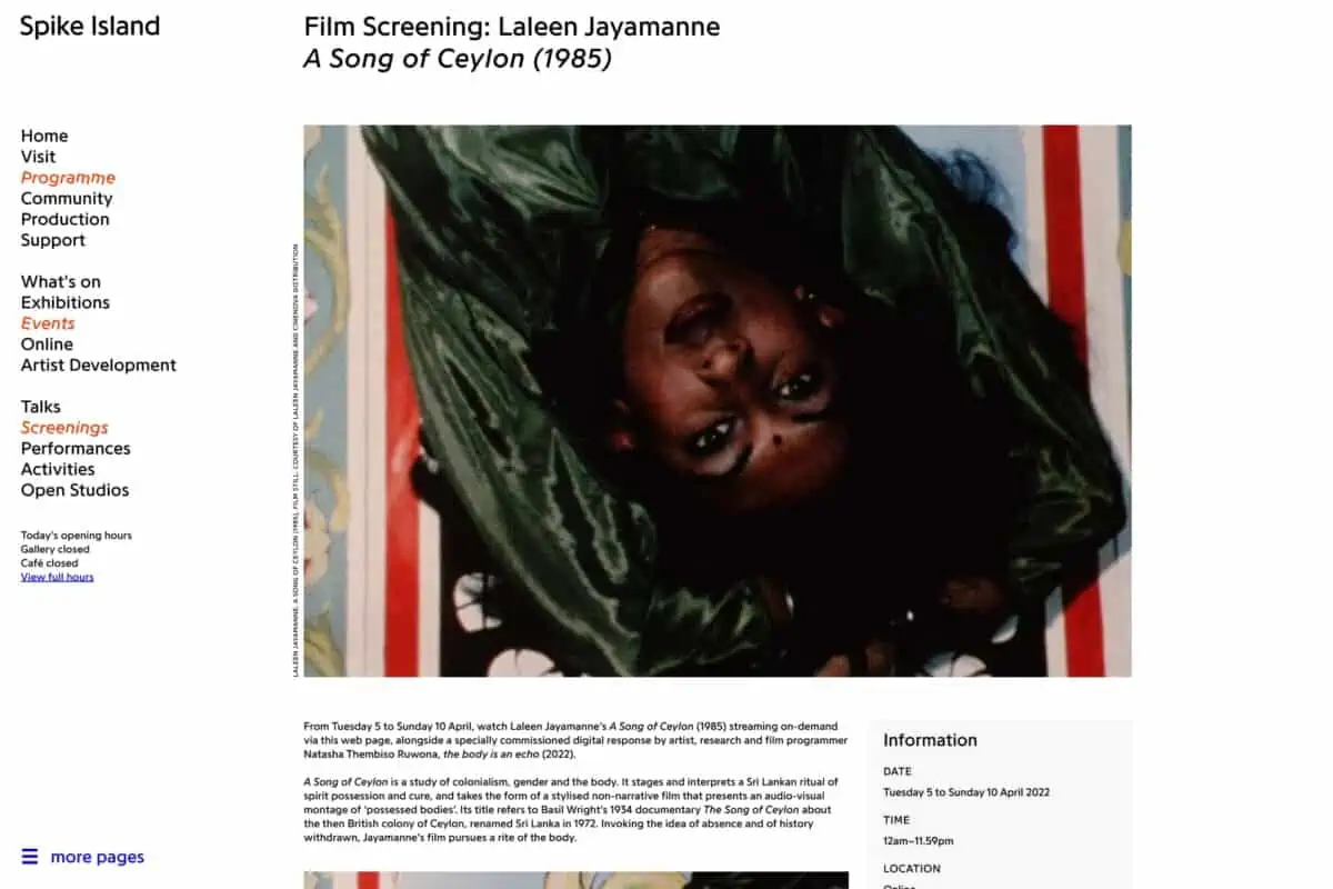 Screenshot of the Spike Island WordPress website showing programme item from archive