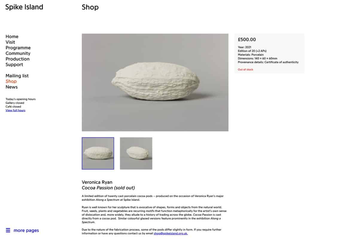 Screenshot of the Spike Island WordPress website showing sold out item in shop