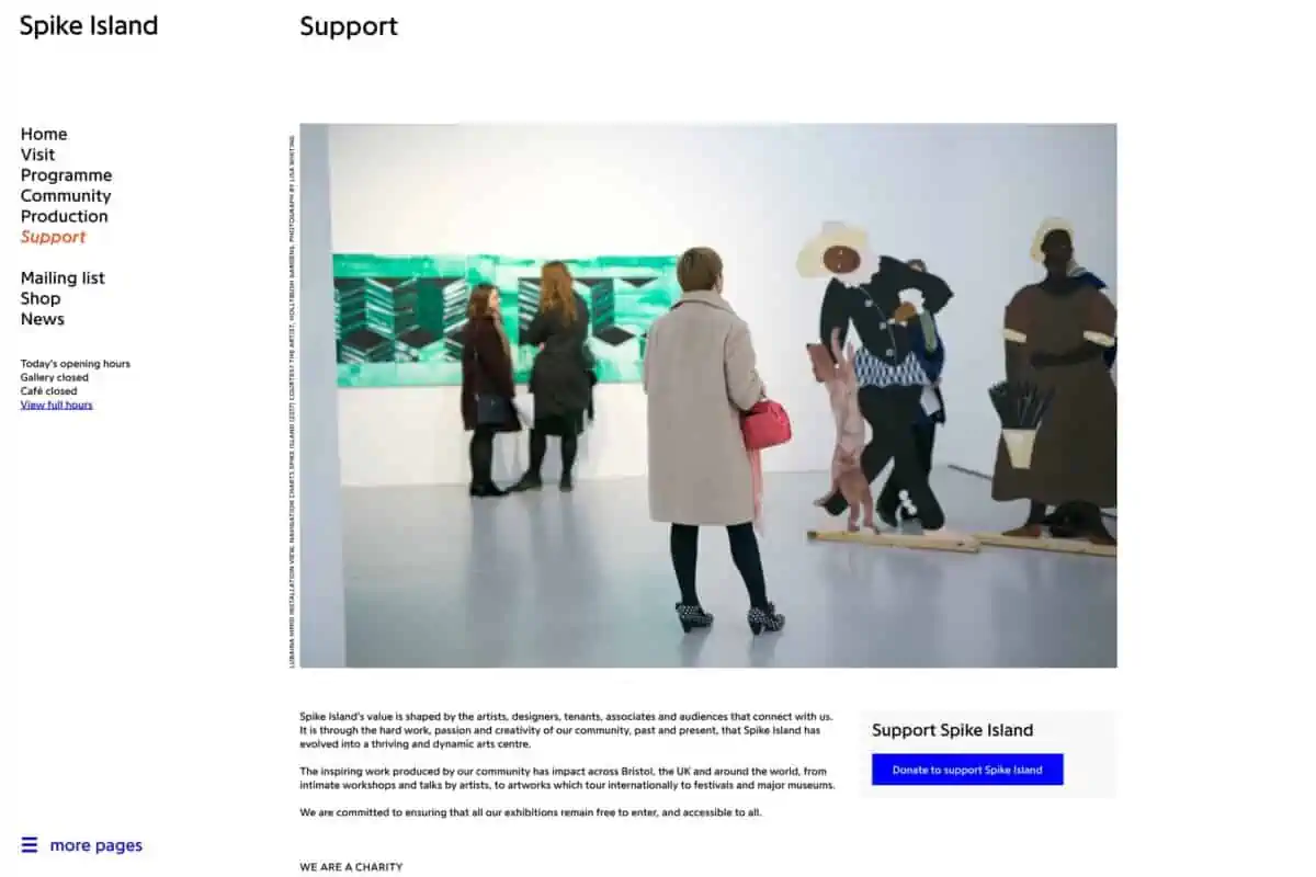 Screenshot of the Spike Island WordPress website showing support page