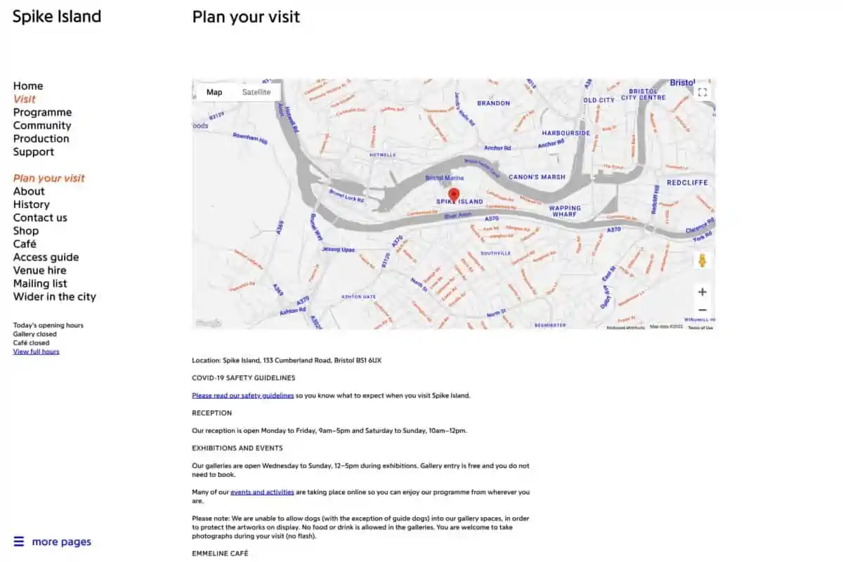 Screenshot of the Spike Island WordPress website showing page for planning a visit