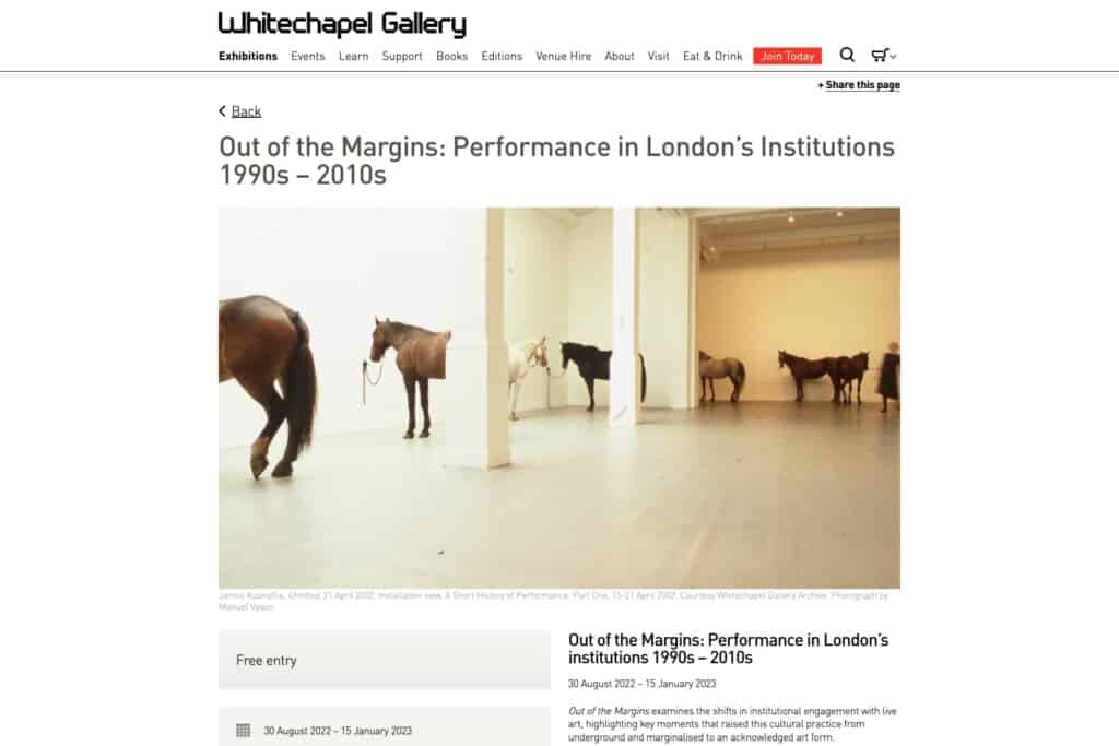 Screenshot of Whitechapel Gallery WordPress site showing exhibition