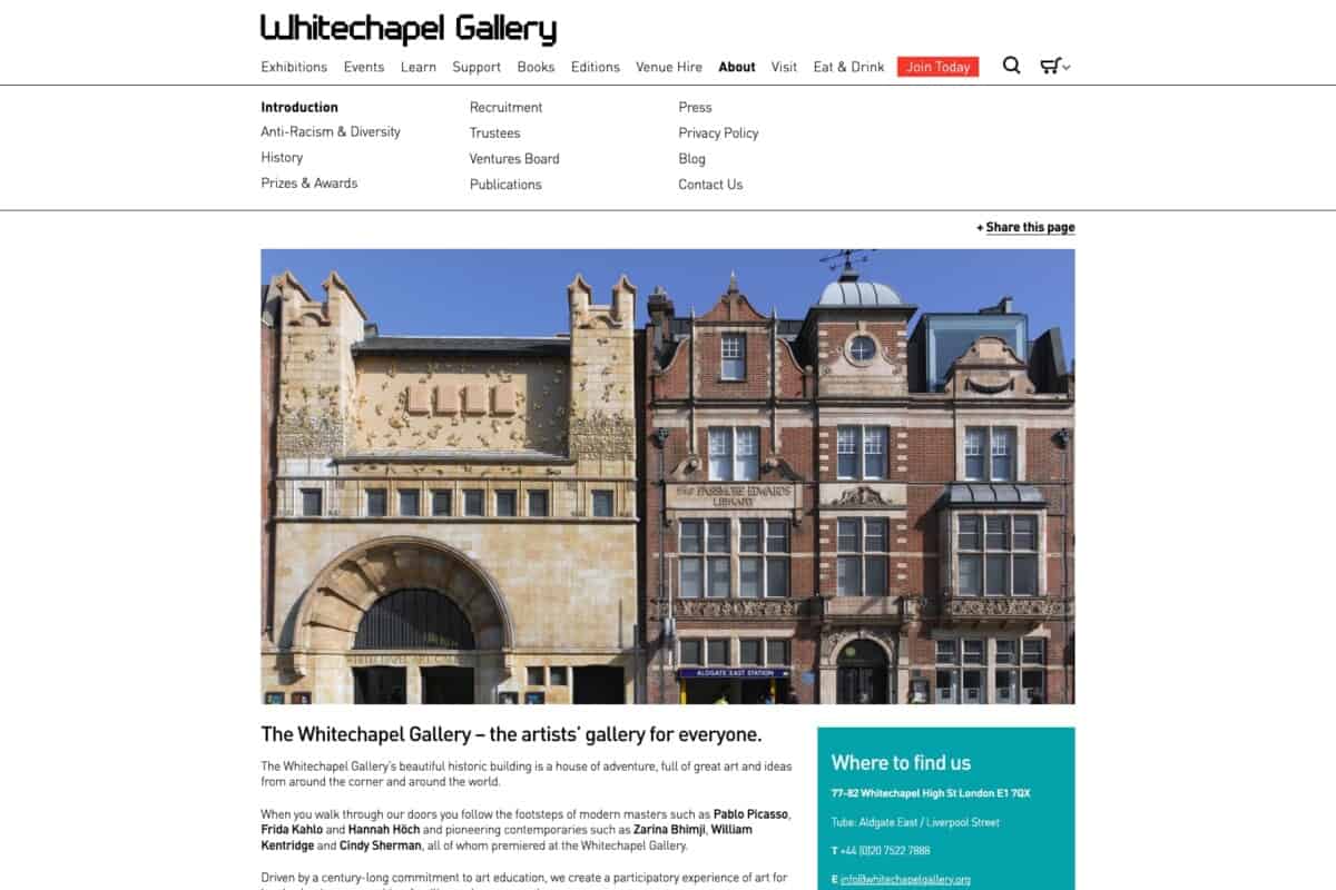 Screenshot of Whitechapel Gallery WordPress site showing about page