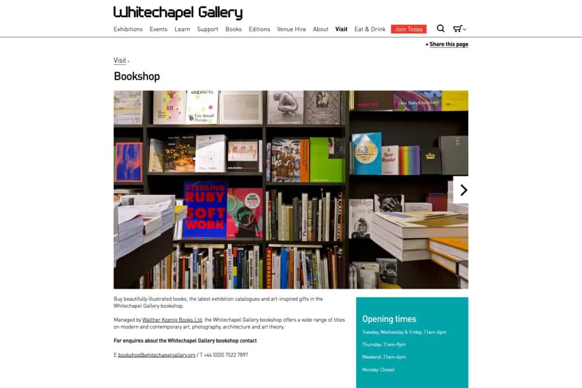 Screenshot of Whitechapel Gallery WordPress site showing bookshop