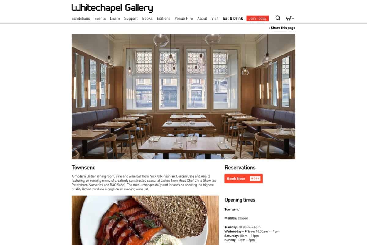 Screenshot of Whitechapel Gallery WordPress site showing cafe