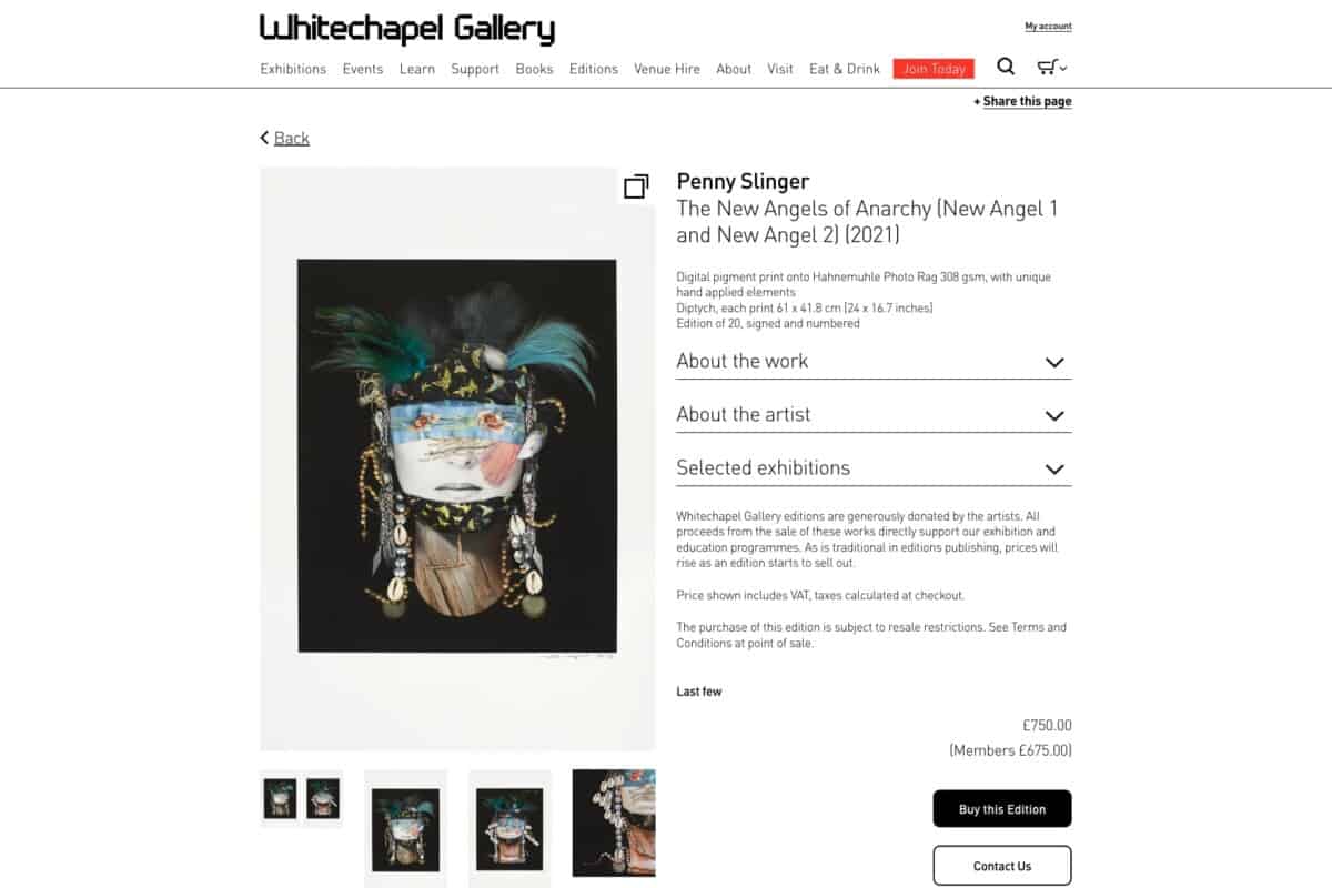 Screenshot of Whitechapel Gallery WordPress site showing limited edition artwork for sale