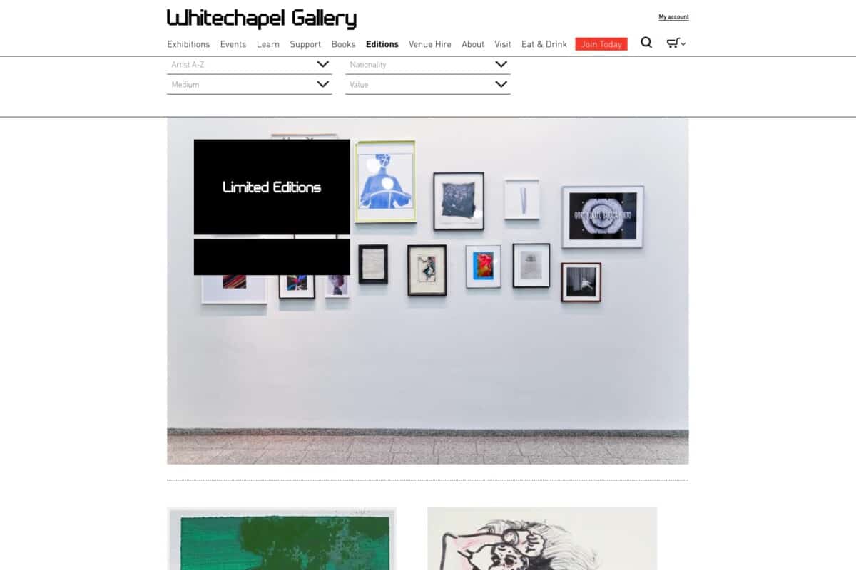 Screenshot of Whitechapel Gallery WordPress site showing artwork shop