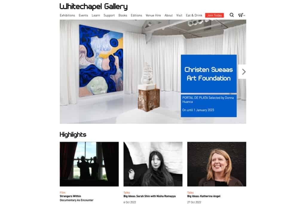 Screenshot of Whitechapel Gallery WordPress site showing homepag