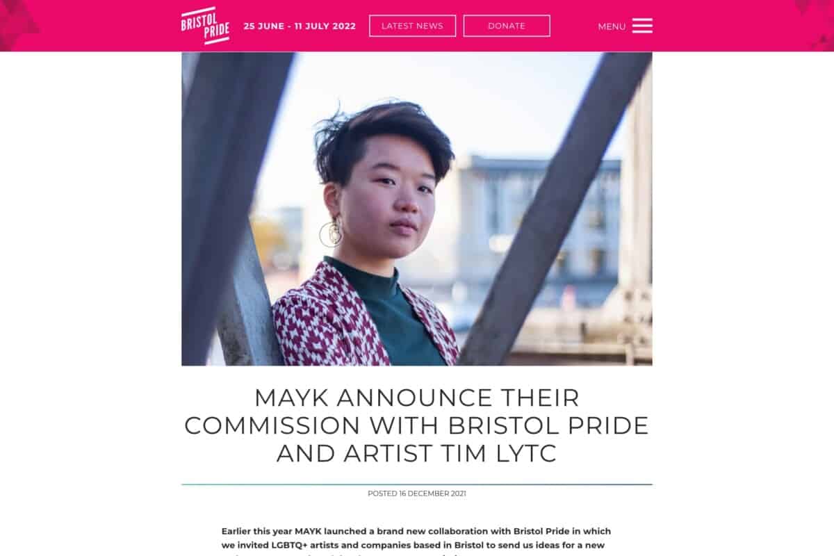 Screenshot of Bristol Pride WordPress site showing news of artist collaboration