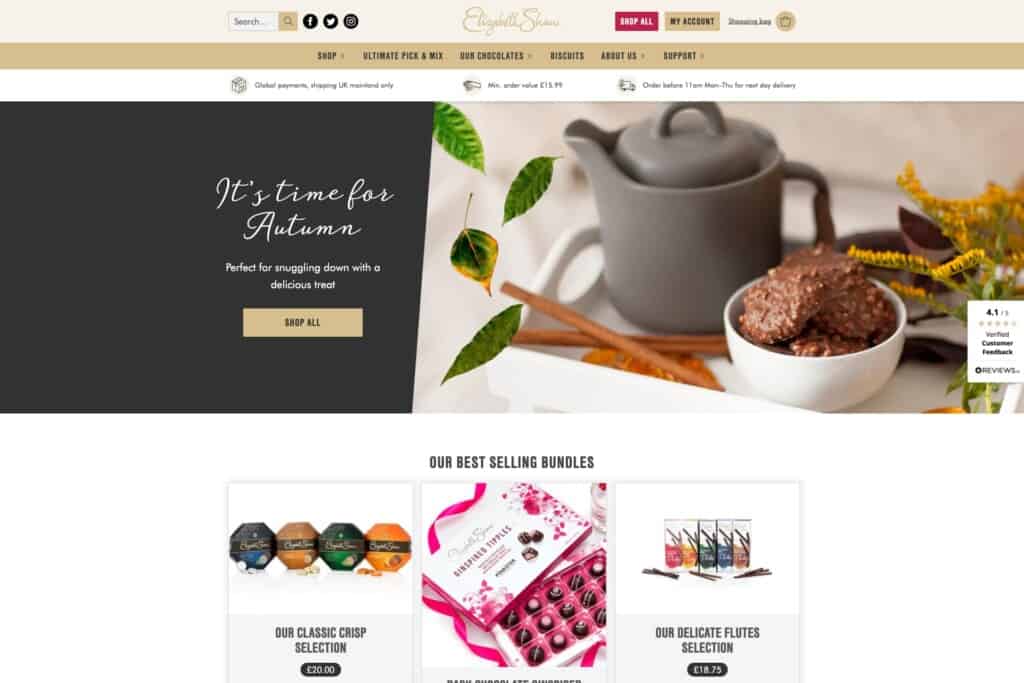 Screenshot of the website of luxury chocolate brand Elizabeth Shaw