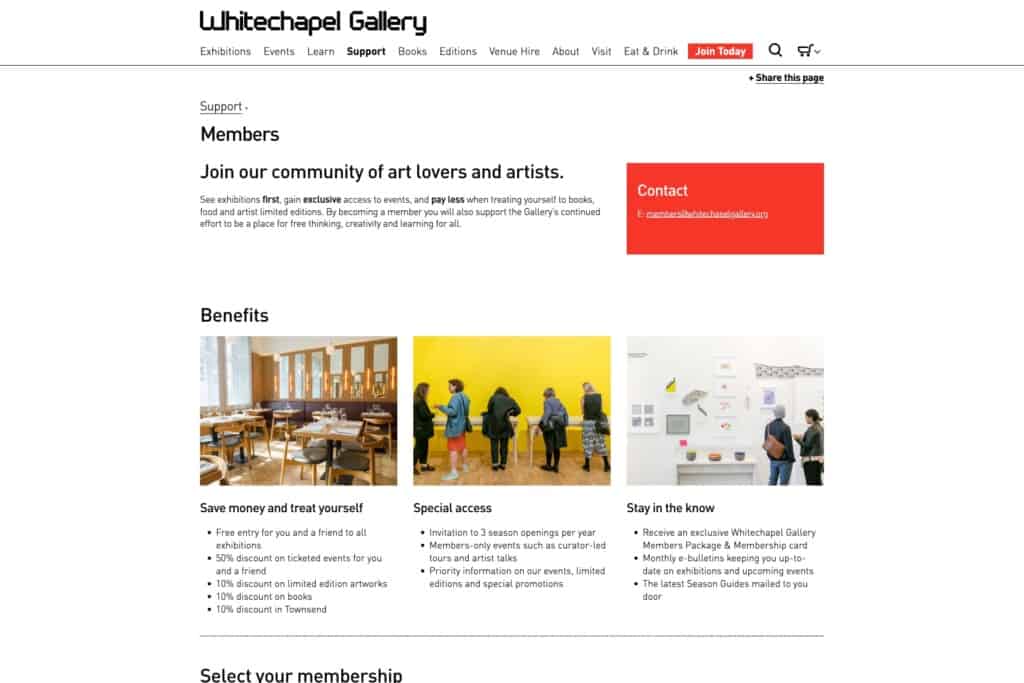 Screenshot of Whitechapel Gallery WordPress site showing membership options