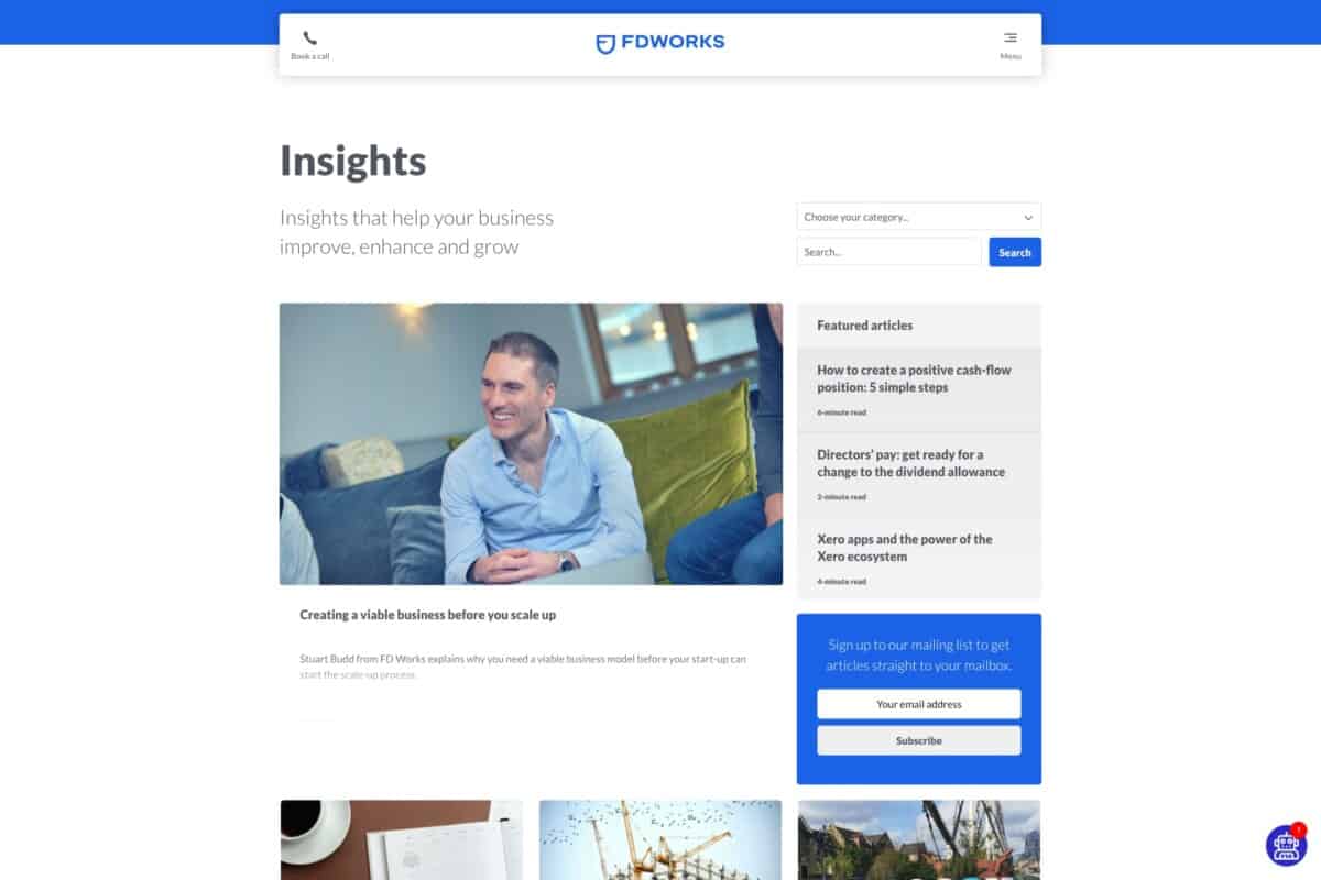 Screenshot of the FD Works WordPress site showing insights listing page