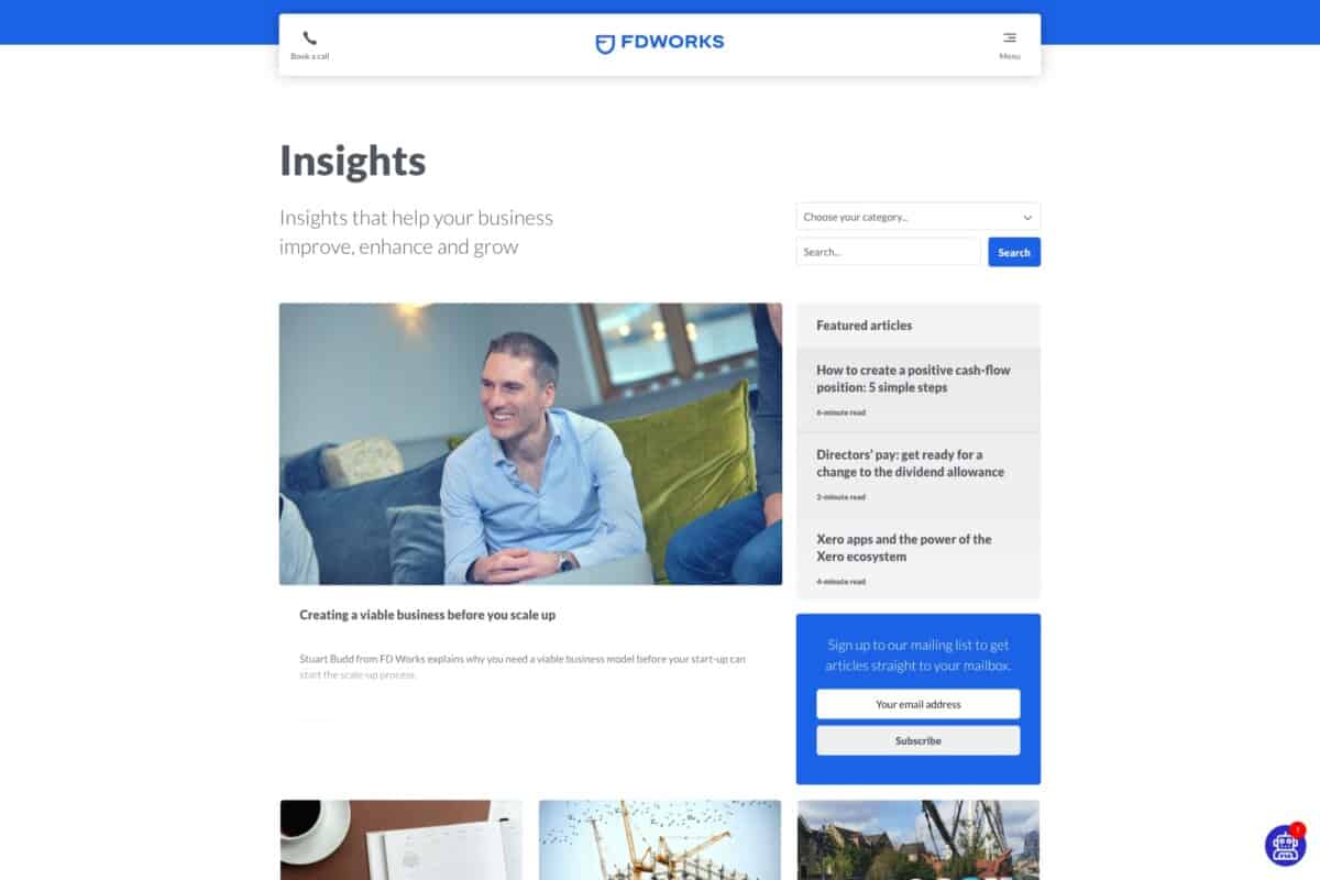 Screenshot of the FD Works WordPress site showing insights listing page