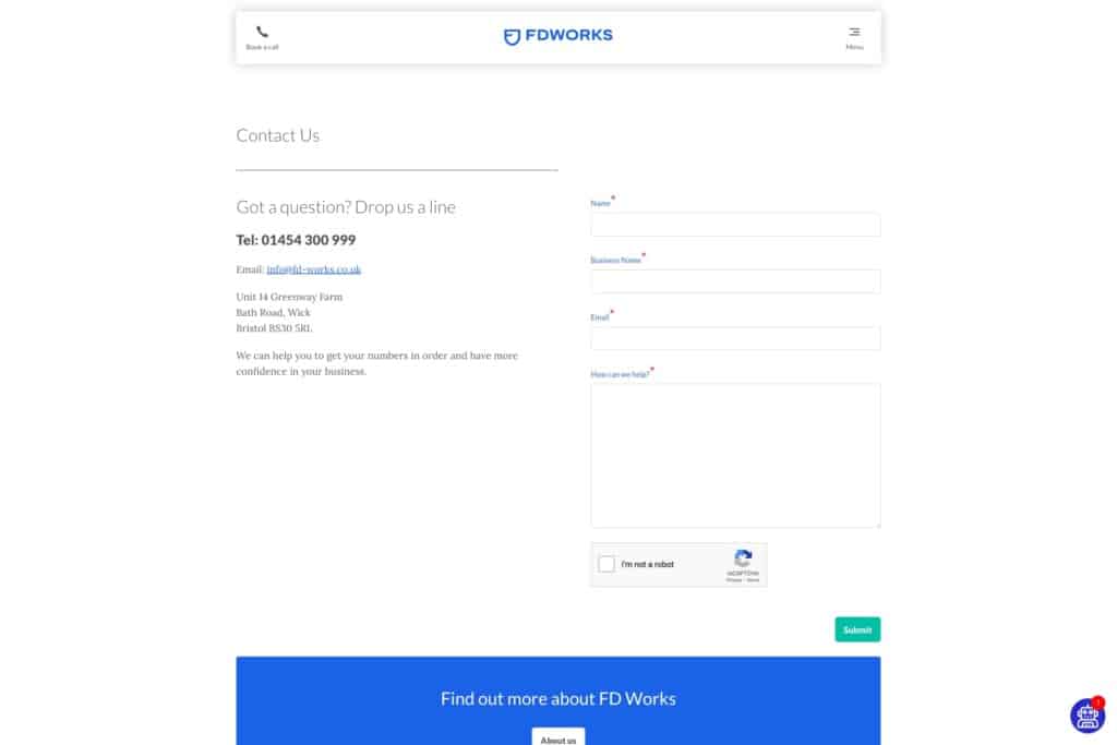 Screenshot of the FD Works WordPress site showing contact form