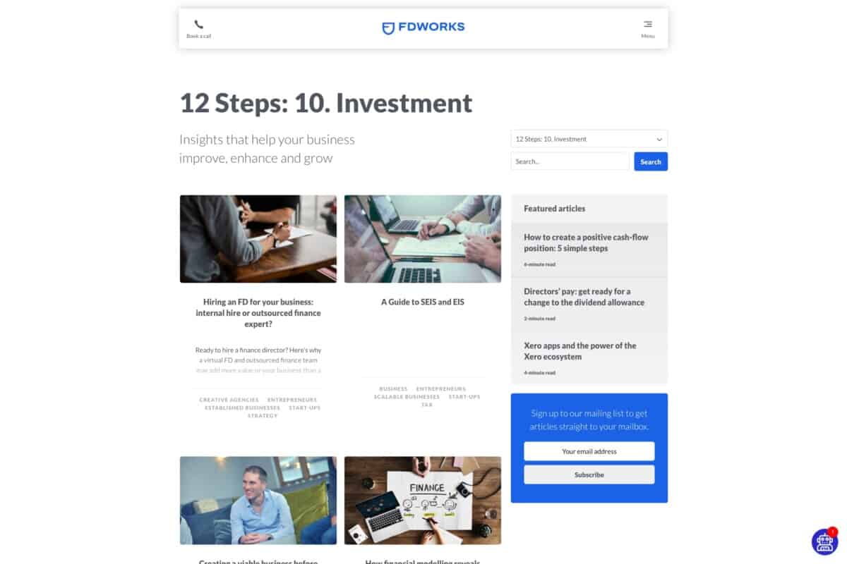 Screenshot of the FD Works WordPress site showing insights about investment