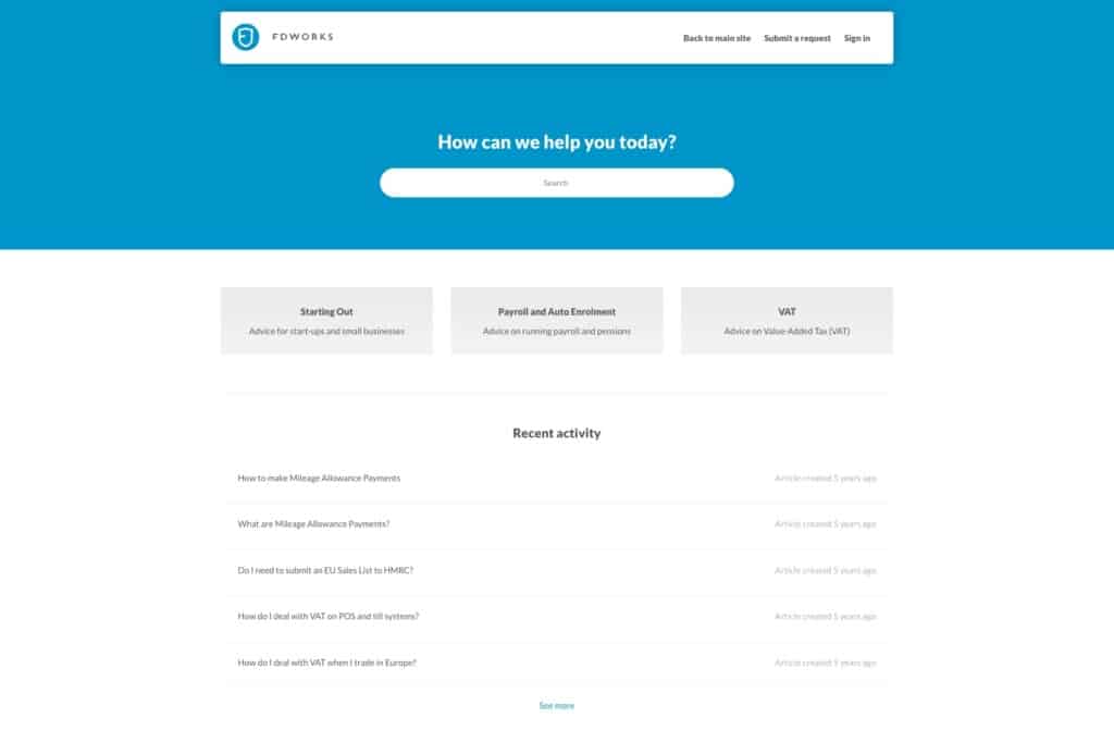 Screenshot of the FD Works WordPress site showing knowledge base