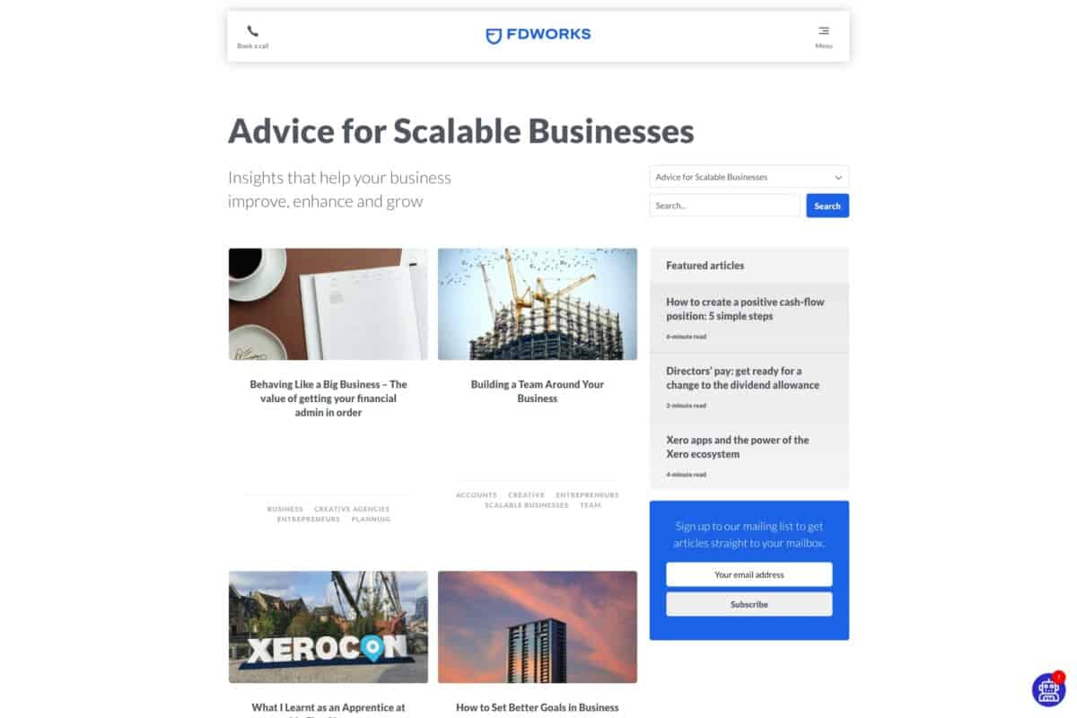 Screenshot of the FD Works WordPress site showing insights for scalable businesses